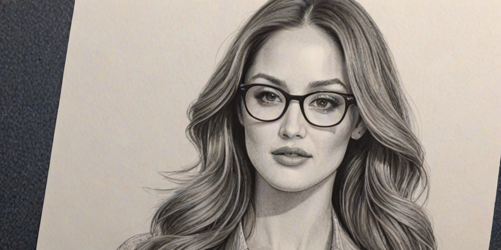 Stunning Minka Kelly, pencil sketch, portrait of Elegant woman 1977s in glasses, hair style beatnik, outline, clear lines, fine lines, 8k