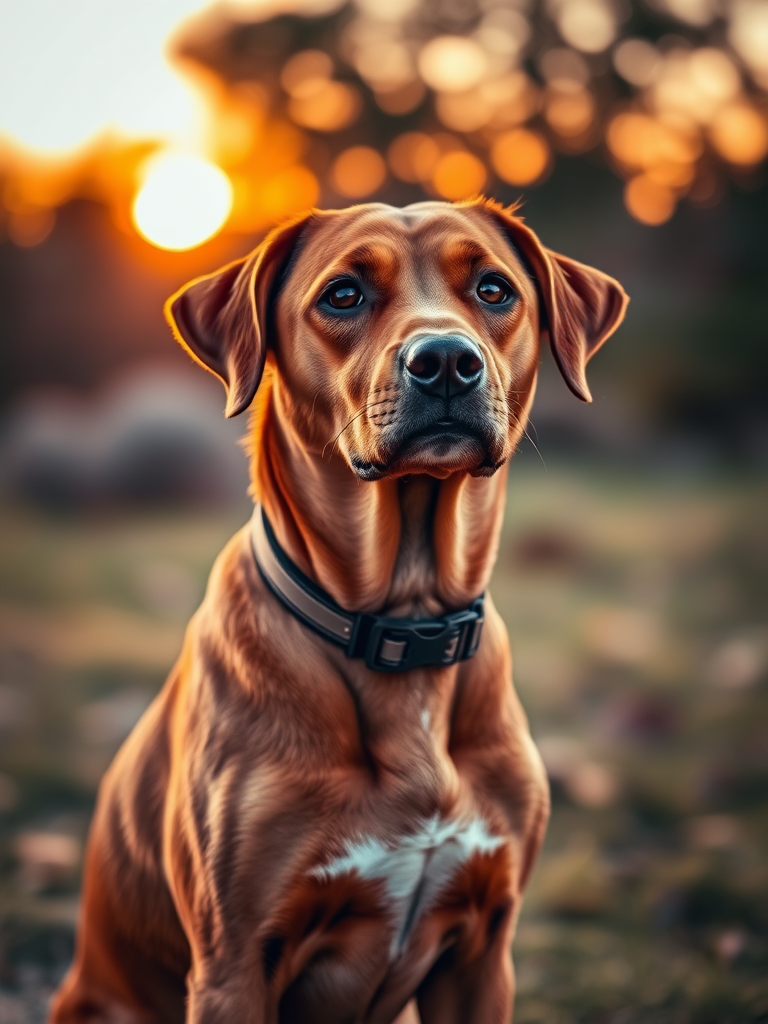 regenerate image of a brown dog with a collar sitting outdoors during sunset, focus on the dog with a blurred background, use a shallow depth of field, ISO 100, aperture f/1.8, shutter speed 1/200, taken with a DSLR camera at eye level, natural lighting for enhanced warmth and detail