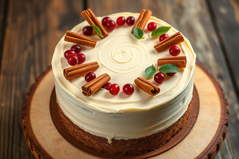 A beautifully decorated cake with a smooth, cream-colored frosting topped with cinnamon sticks, fresh cranberries, and green leaves arranged in a circular pattern on a wooden cake stand with a rustic background.
