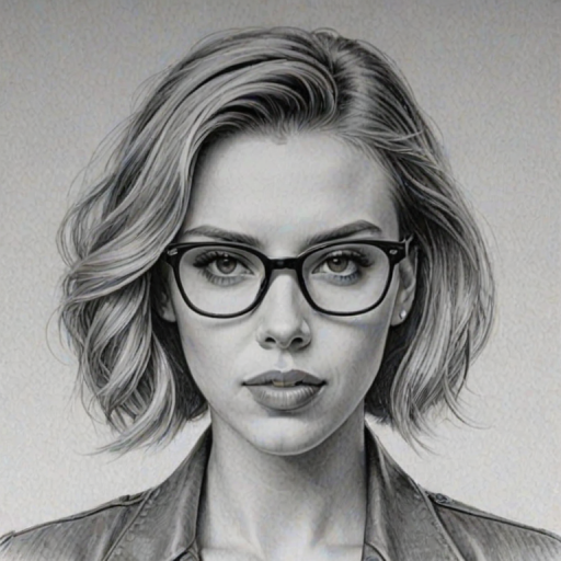 Stunning Scarlett Johansson, pencil sketch, portrait of Enchanting woman 1967s in glasses, hair style beatnik, outline, clear lines, fine lines, 8k