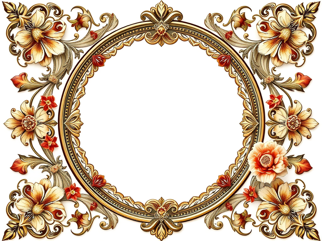 Create a vintage-style ornate frame with intricate floral and decorative elements, using a 50mm lens at f/1.8 aperture, captured with a DSLR camera from a frontal view and in natural light to enhance detail and clarity.