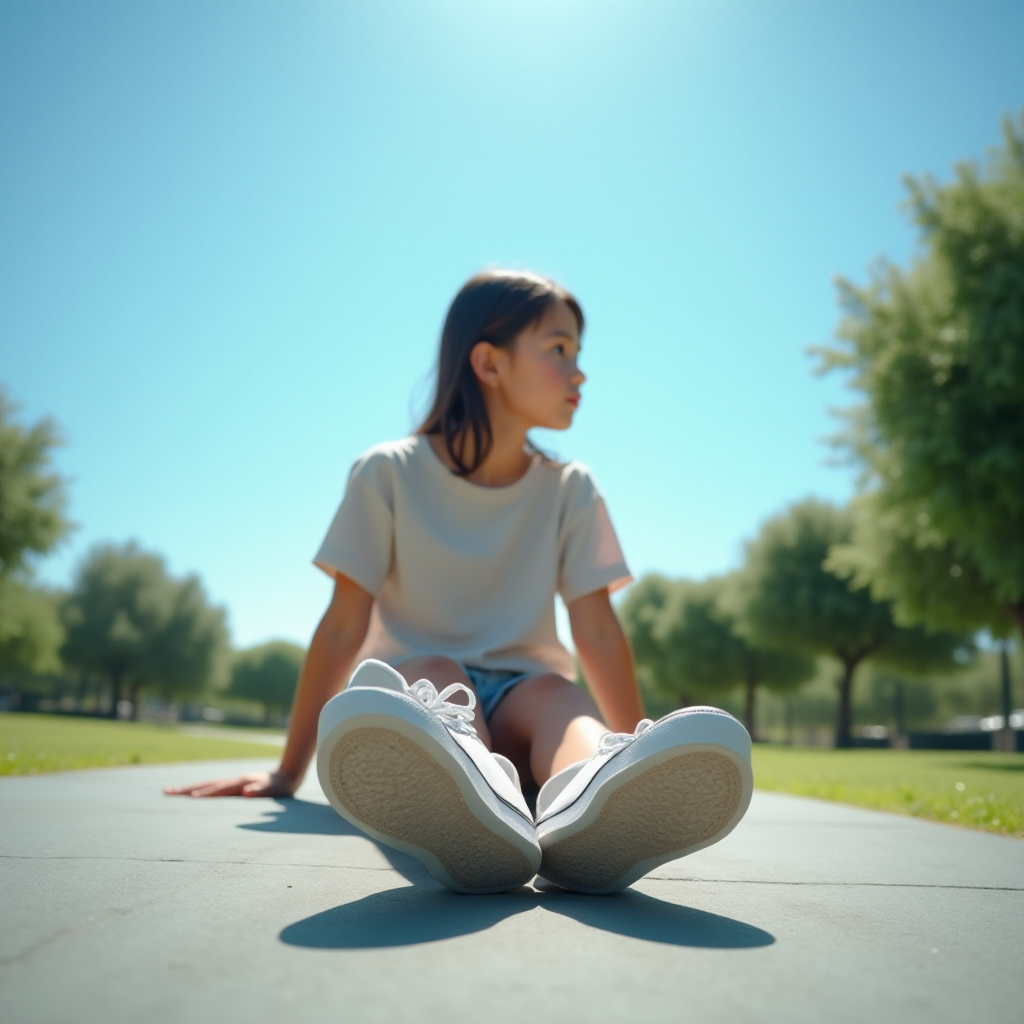 Generate an ultra-realistic, highly detailed, high-definition photograph. It's a photo of a girl sitting on the floor. She's looking at the horizon. The photo is taken from the bottom up, at ground level. The girl's sneakers are in the foreground, in the center of the scene. The girl is wearing light clothes, a t-shirt and short shorts. The sky is blue. Bright environment. The background is a blurred image of a park.