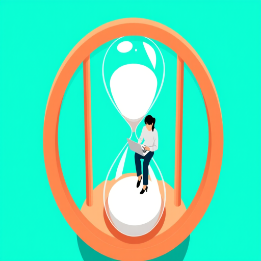 A minimalistic illustration of a person sitting on an hourglass with a laptop, vibrant turquoise background, sharp focus, 85mm lens, f/2.8 aperture, ISO 100, top-down view, digital art style.