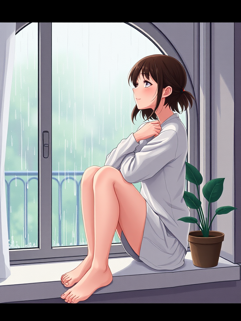 Create a digital illustration of a young woman sitting on a windowsill with her knees hugged to her chest, looking out at a rainy scene, include large arched window with raindrops, a potted plant beside her, use a soft and muted color palette, camera settings: ISO 200, f/2.8, shutter speed 1/60s, camera view: close-up, camera style: artistic, camera type: mirrorless.