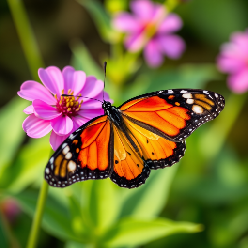 A vivid orange and black butterfly perched on a pink flower with soft green foliage in the background, macro lens, f/8 aperture, 50mm focal length, natural lighting, DSLR camera, shallow depth of field.