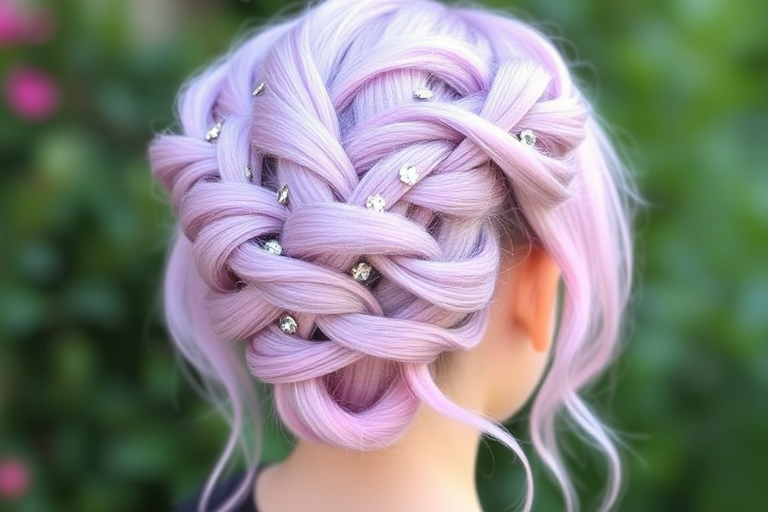 Ethereal lavender strands blend seamlessly into soft pink ends, forming a delicate waterfall braid crowned with sparkling crystal hairpins, showcasing the enchanting "Fairy Whisper" hairdo