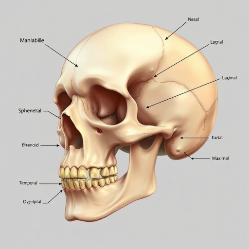 Create a detailed illustration of a human skull with labeled bones including Frontal, Parietal, Sphenoid, Ethmoid, Nasal, Lacrimal, Maxilla, Temporal, Occipital, Zygomatic, and Mandible, using a high-resolution digital art style, simulated natural lighting, 35mm lens, and a clear focus on anatomical accuracy.