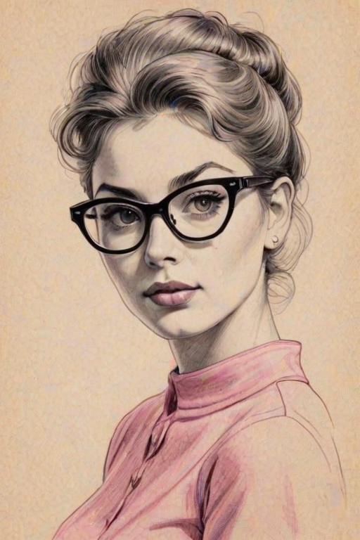 Attractive Pink, pencil sketch, portrait of Superb woman 1957s in glasses, hair style beatnik, outline, clear lines, fine lines, 8k