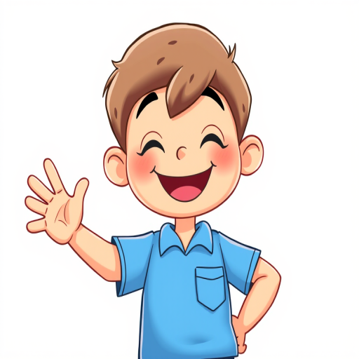 A cheerful cartoon boy in a blue shirt with a pocket, smiling and gesturing happily, captured in a colorful and vibrant style, digital illustration, high resolution, front view, soft lighting, 300 DPI.