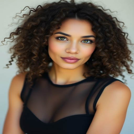 portrait of a woman with curly hair in a sheer black top, soft focus background, natural light, aperture f/2.8, shutter speed 1/200 sec, ISO 100, 50mm lens, shallow depth of field, candid style photography