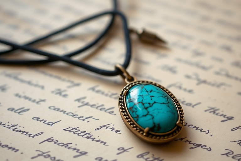 close-up shot of a vintage turquoise gemstone pendant on a black cord laid on aged handwritten letters, soft natural lighting, macro lens, aperture f/2.8, ISO 100, 50mm lens, DSLR camera, shallow depth of field