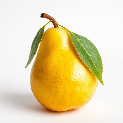 Create a hyper-realistic image of a ripe yellow pear with a green leaf, using a DSLR camera with a 50mm lens, f/1.8 aperture, ISO 100, 1/200s exposure, in natural light, capturing a close-up view on a plain white background.
