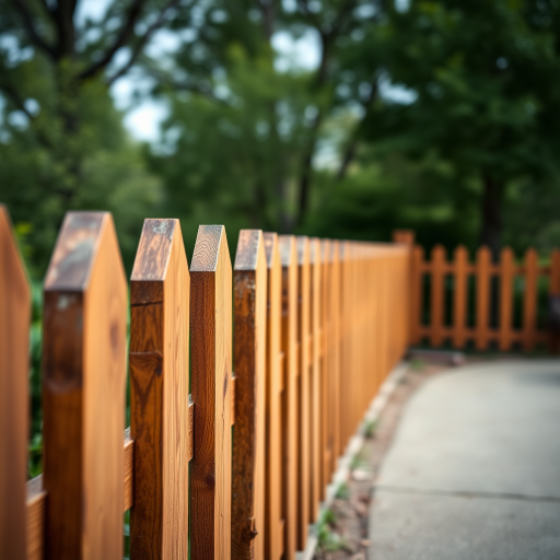 Create a high-resolution image of a wooden picket fence with a warm brown color, captured with a DSLR camera at f/8 aperture, ISO 100, 50mm lens, from a straight-on view, with soft natural lighting to enhance texture and detail.
