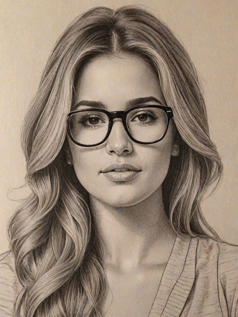 Lovely Jessie James Decker, pencil sketch, portrait of Sublime woman 1970s in glasses, hair style beatnik, outline, clear lines, fine lines, 8k