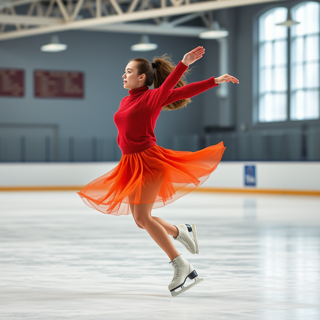 Regenerate an image of a female figure skater in a red sweater and orange skirt, performing a graceful spin on ice, shot with a DSLR camera at f/2.8, ISO 200, 1/1000 sec, 50mm lens, in a bright indoor ice rink with a shallow depth of field.