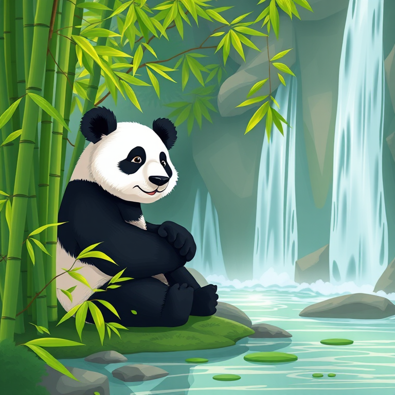 Create a serene illustration of a panda sitting among lush green bamboo with a waterfall in the background, using a Canon EOS R5 with a 50mm f/1.2 lens, aperture set to f/4, ISO 200 for vibrant colors and clarity, in a vibrant, cartoonish style.