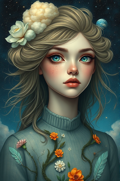 Create a series of imaginative portraits where each subject is infused with elements of fantasy and nature. The hair of the individuals should flow like clouds, varying from soft, fluffy cumulus to wispy cirrus strands, with hints of color reflecting a sunset or a clear blue sky. The eyes should be windows to entire galaxies, with stars, nebulae, and distant planets visible within them. Clothing should be adorned with nature motifs, such as floral patterns that bloom and change, vines that seem to grow and wrap around, or feathers that shimmer with iridescence. Each portrait should capture a unique personality, blending human features with the ethereal beauty of the natural and cosmic world. The backgrounds can vary, from starry night skies to enchanted forests, adding depth and context to the magical realism of the portraits