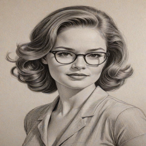 Ravishing Sarah Drew, pencil sketch, portrait of Fascinating woman 1958s in glasses, hair style beatnik, outline, clear lines, fine lines, 8k