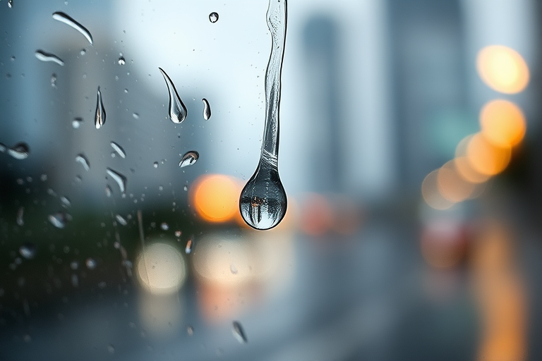 Sharp, detailed close-up of a raindrop rolling down a car window, soft reflections of city lights visible in the background, the sound of raindrops tapping against the glass, and a feeling of quiet contemplation.