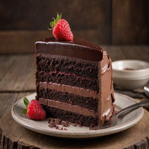 Create an image of a slice of layered chocolate cake on a rustic plate. The cake should feature distinct layers of rich dark chocolate, creamy chocolate mousse, and a raspberry filling, all topped with a glossy chocolate ganache. The background should be softly blurred to highlight the cake, and there should be a few crumbs on the plate for added texture.