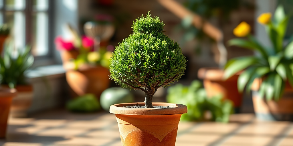 Create a high-resolution image of a topiary plant in a terracotta pot, centered, with natural lighting, using a DSLR camera at f/4 aperture, 50mm lens, ISO 100, and a shallow depth of field to enhance focus on the plant.