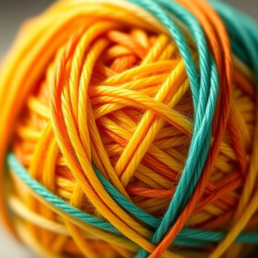 vibrant yarn ball with gradient colors of yellow, orange, and teal, captured in high-resolution macro view, 50mm lens, aperture f/2.8, ISO 100, natural soft lighting, shallow depth of field, DSLR camera