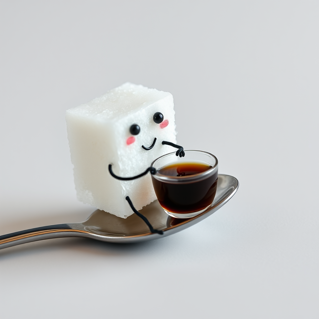 A sugar cube with a face and legs, sitting on a spoon and sipping a tiny cup of coffee.
