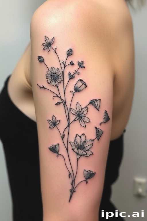 Minimalist fine line tattoo entitled "Whispered Silhouettes" depicting a series of delicate continuous line drawings portraying various natural elements such as flowers leaves and animals intertwining gracefully across the skin with ultra-thin needlework creating an almost invisible appearance from a distance but revealing intricate details up close resembling a pencil sketch brought to life on the canvas of human flesh