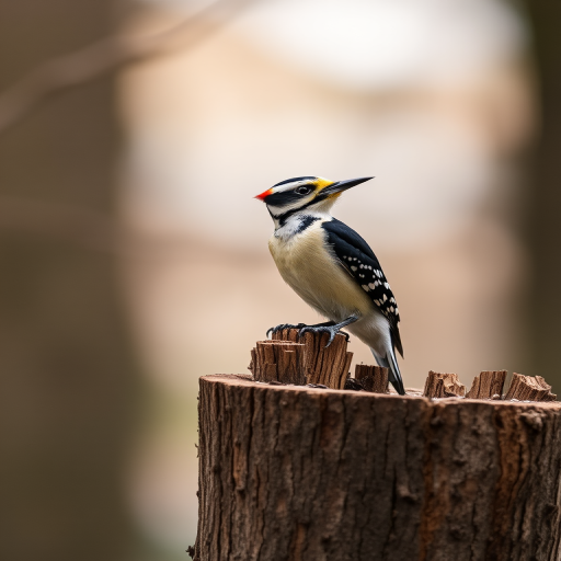 Capture a high-resolution image of a woodpecker perched on a tree stump, with a shallow depth of field to create a blurred background, using a Canon EOS 5D Mark IV camera at f/2.8, ISO 200, and a shutter speed of 1/250s, with a 300mm lens for detailed focus on the bird.