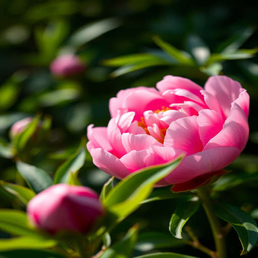 macro shot of a blooming pink peony flower with green leaves in the foreground, natural light, f/2.8 aperture, 1/200 sec shutter speed, ISO 100, DSLR camera, lens focal length 100mm, soft focus background for depth.