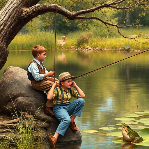 Imagine a small group of old fashioned young boys out fishing by the creek, a swing hanging from a tree branch, reeds and grasses by the water's edge, a frog sitting on a lily pad, dragonflies hovering over som water plans, a very iconic old fashioned scene reminiscent of a Norman Rockwell painting style