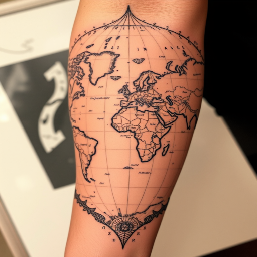 Engraving-style tattoo dubbed "Vintage Cartography" resembling an old map or scientific illustration with intricate crosshatching and fine lines in sepia tones