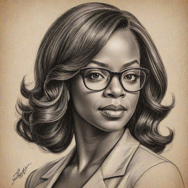 Attractive Kandi Burruss, pencil sketch, portrait of Fascinating woman 1930s in glasses, hair style beatnik, outline, clear lines, fine lines, 8k