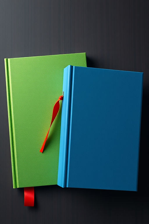Illustrate two books, one green with a red bookmark and one blue also with a red bookmark, using a digital design style, captured with a Canon EOS R5 at f/8, ISO 100, with a 50mm lens, top-down view, high-resolution to enhance detail and clarity.