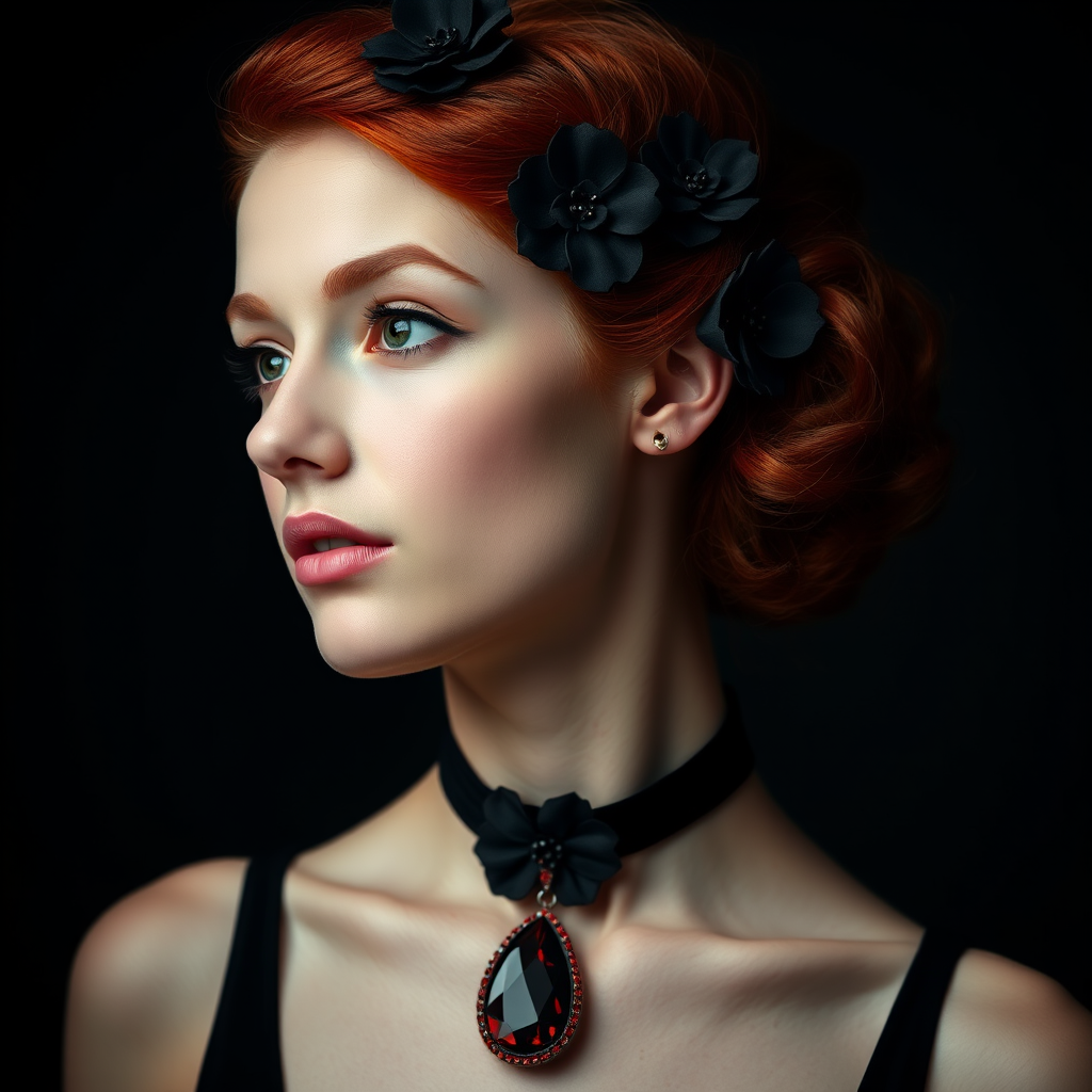 A young woman with bright red hair styled in a voluminous updo adorned with black floral accents, wearing a black choker with a large red gemstone pendant, looks off to the side with a slightly pensive expression, her face softly lit against a dark background.  The image is composed as a portrait, shot from a close-up perspective, with the subject filling most of the frame.  The woman's skin appears fair and flawless, with a subtle glow.  The overall atmosphere is elegant and slightly dramatic.