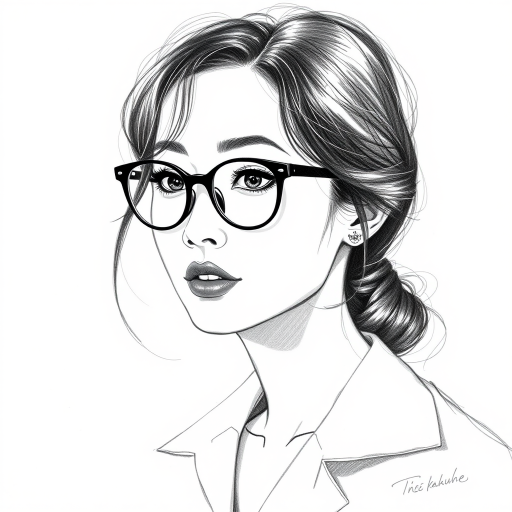 Beauteous Eleanore Matsuura, pencil sketch, portrait of Captivating woman 1944s in glasses, hair style beatnik, outline, clear lines, fine lines, 8k
