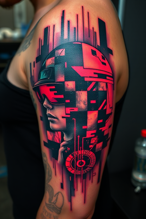 Glitch art tattoo called "Digital Disruption" incorporating pixelated elements distorted images and neon colors to create a futuristic cyberpunk-inspired design with a technological edge
