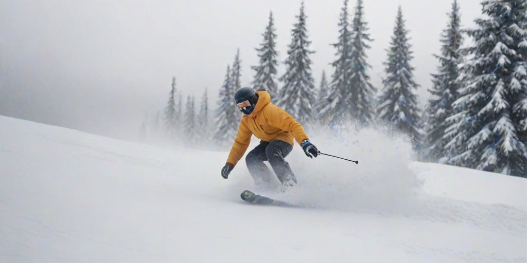 Blurry action shot of a snowboarder carving down a snowy mountain slope, soft focus on the surrounding snow-covered trees, with distant mountains barely visible through the fog.