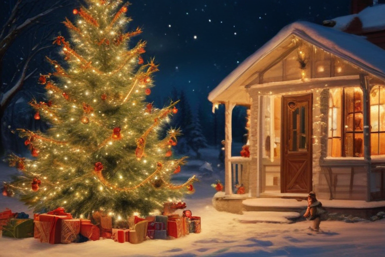 A Cozy Winter Scene with a Beautifully Decorated Christmas Tree and Gifts.