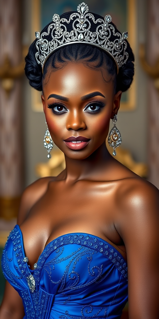 A gorgeous Kikuyu woman in a luxurious blue gown, accessorized with a dazzling tiara and statement earrings, her deep blue eyes highlighted by impeccable makeup, poised in a royal setting, photorealistic, 8K quality
