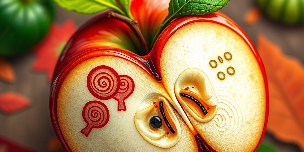 Create a vibrant, detailed illustration of a whimsical apple with intricate patterns and colors, using a Canon EOS R5 with a 50mm lens, f/1.8 aperture, ISO 100, soft lighting, and a top-down view to enhance the image quality.