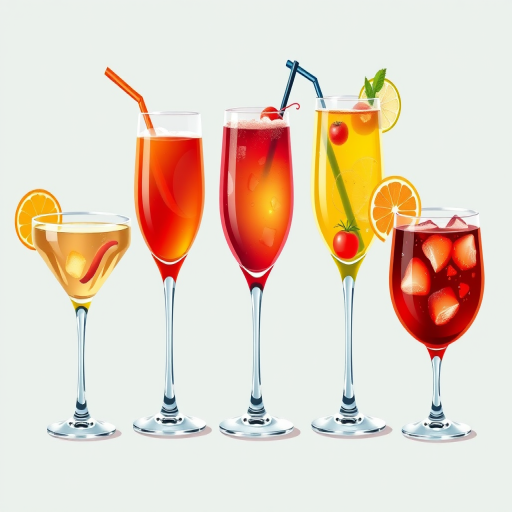 Create a vibrant digital illustration of six stylized cocktails in various glasses on a plain background, using high-resolution settings with a 50mm lens, f/2.8 aperture, natural lighting, and a slight vignette effect to enhance color depth and details.