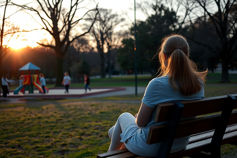 Woman sitting on a park bench at dusk, watching children play on a nearby playground, as the last rays of sunlight filter through the trees.