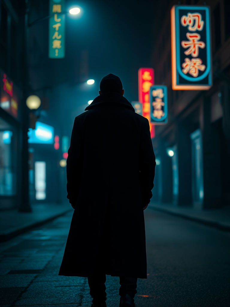 A figure in a long black coat standing on a dimly lit urban street, illuminated by neon lights with a foggy atmosphere, depth of field, aperture f/1.8, shutter speed 1/60s, ISO 200, 50mm lens, shot with a DSLR camera in high dynamic range.