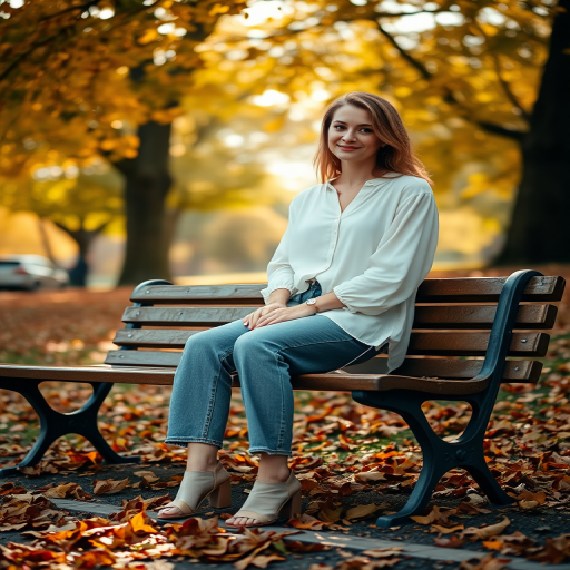 Soft-focus image of a woman in her 30s, casually dressed in a flowing white blouse and jeans, sitting on a park bench surrounded by autumn leaves, sunlight filtering through the trees above.