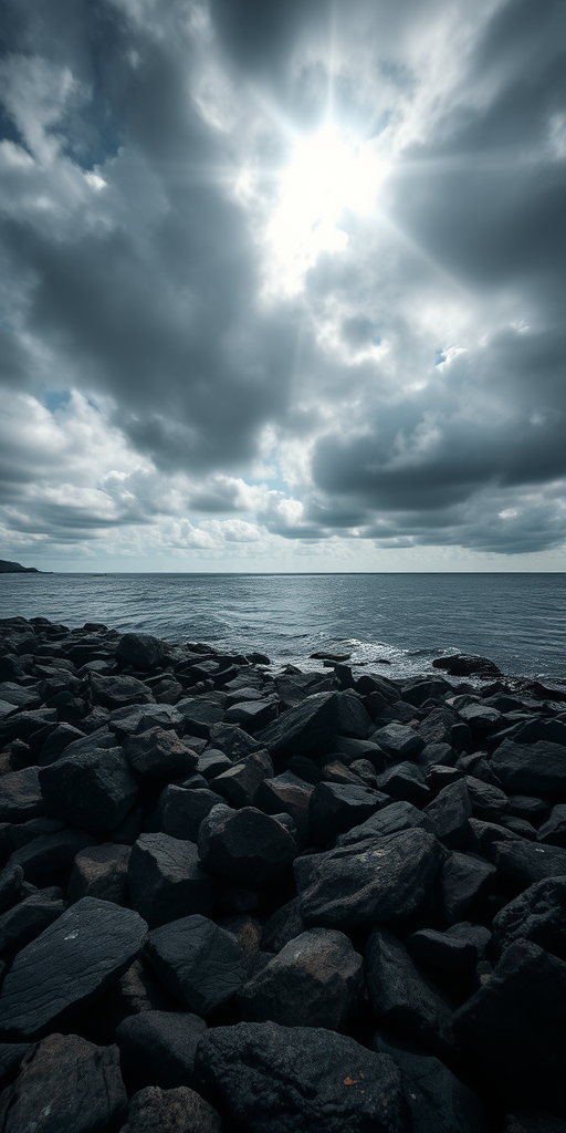 A rocky shoreline under a dark, cloudy sky with sunlight breaking through the clouds, captured with a Canon EOS R5 at f/8, 1/200s, ISO 100, wide-angle view, and a landscape photography style for enhanced detail and depth.