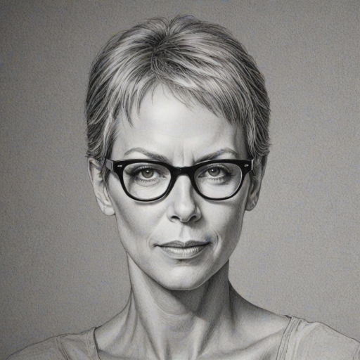 Superb Jamie Lee Curtis, pencil sketch, portrait of Superb woman 1925s in glasses, hair style beatnik, outline, clear lines, fine lines, 8k