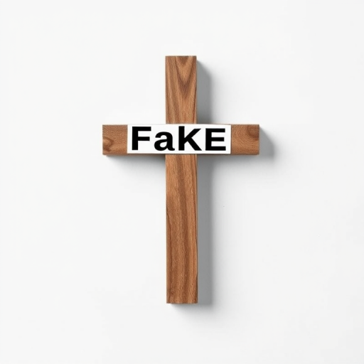 Design a minimalist graphic featuring a tilted cross labeled "Fake," with a plain white background, using a DSLR camera at f/8 aperture, ISO 200, 50mm lens, and a top-down view to enhance clarity and detail.