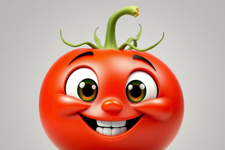 Create a vibrant cartoon-style image of a happy tomato with large expressive eyes and a cheerful smile, set against a light gray background, using a DSLR camera with a 50mm lens, f/2.8 aperture, ISO 100, and natural soft lighting for enhanced clarity and detail.