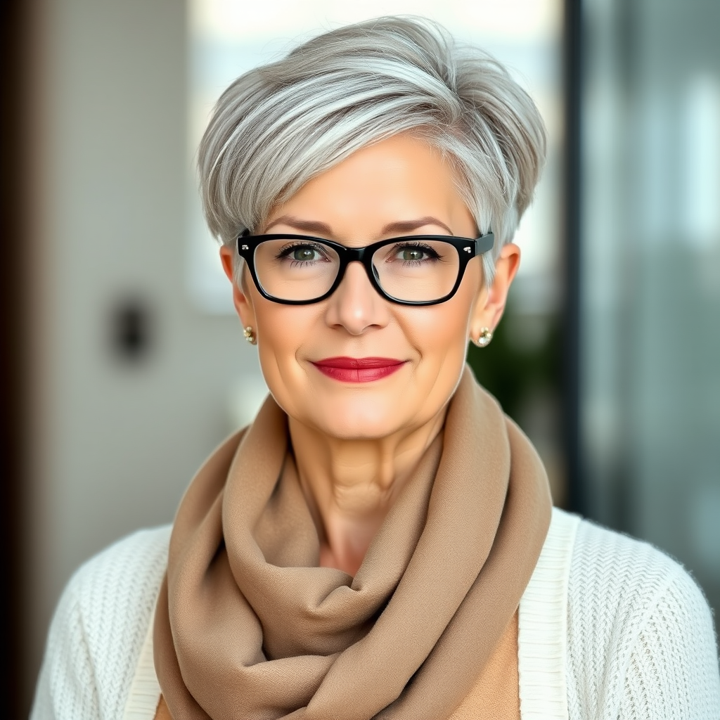 Portrait of a mature woman with short silver hair, styled in an asymmetrical pixie cut with side bangs. She wears black-framed glasses and a beige blouse with a white cardigan over it, as well as a bulky scarf in neutral tones. The woman is indoors with soft lighting and a blur in the background. Her expression is serene and confident, highlighting her elegance and modern style.